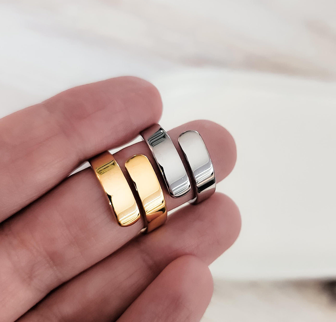 Wide Adjustable Ring (Silver or Gold, One Size), 5mm Mirror Polish Stainless Steel Tarnish-Resistant