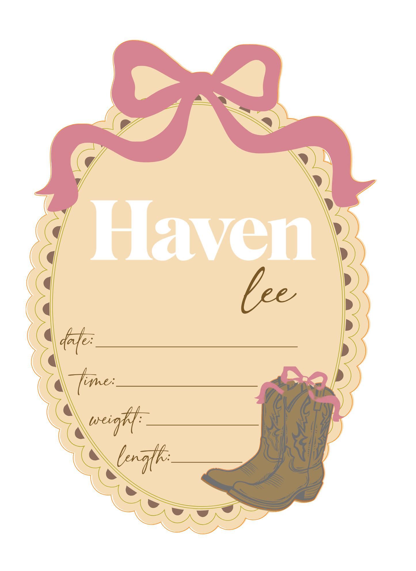 Baby Name Announcment - Bow with Boots (oval)