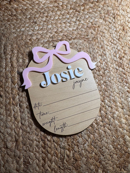 Baby Name Announcment - Bow with Birth Stats
