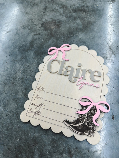 Baby Name Announcment - Bow with Boots (arch)