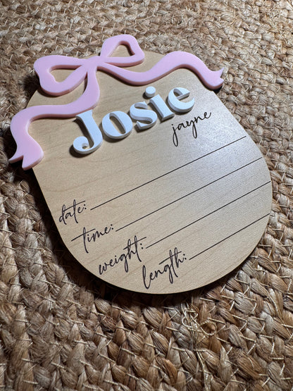 Baby Name Announcment - Bow with Birth Stats