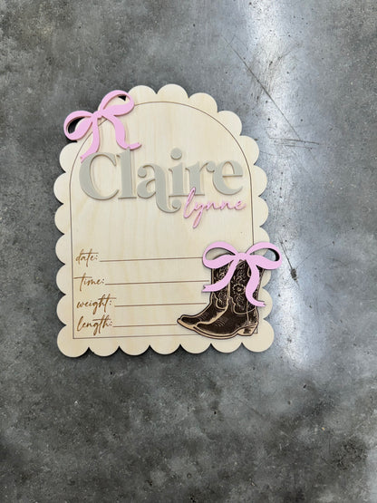 Baby Name Announcment - Bow with Boots (arch)