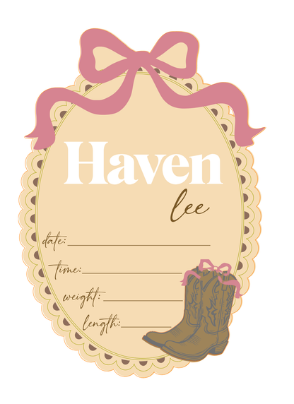 Baby Name Announcment - Bow with Boots (oval)